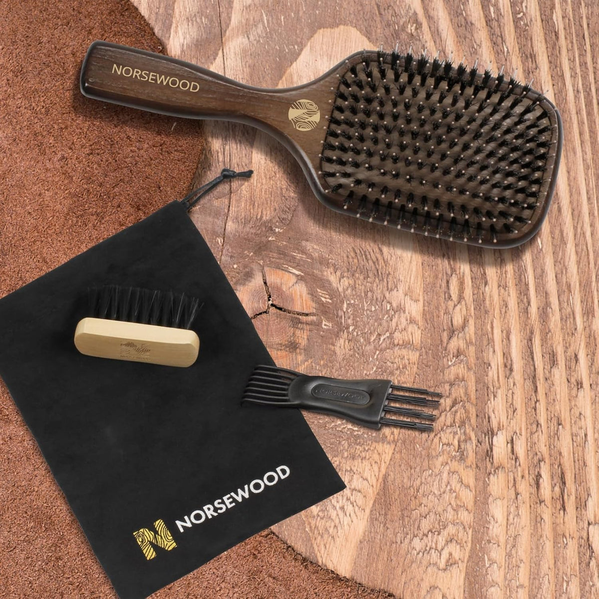 Boar Bristle Hair Brush Set for Detangling & Shine - All Hair Types