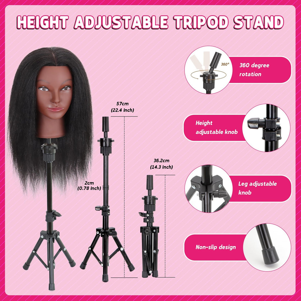 Mannequin Head with Human Hair 16 Inch Tripod Set for Hair Styling & Education