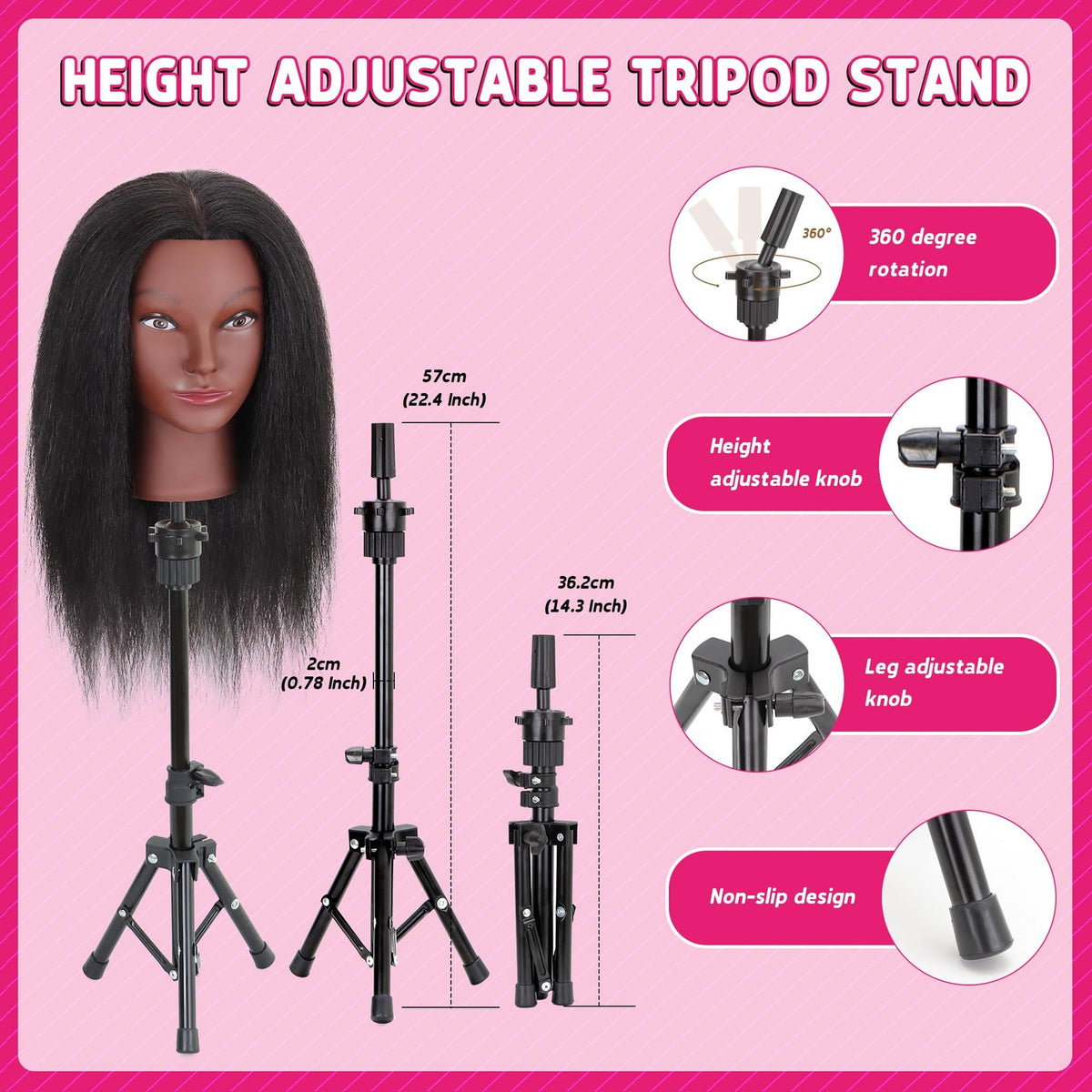 Mannequin Head with Human Hair 16 Inch Tripod Set for Hair Styling & Education