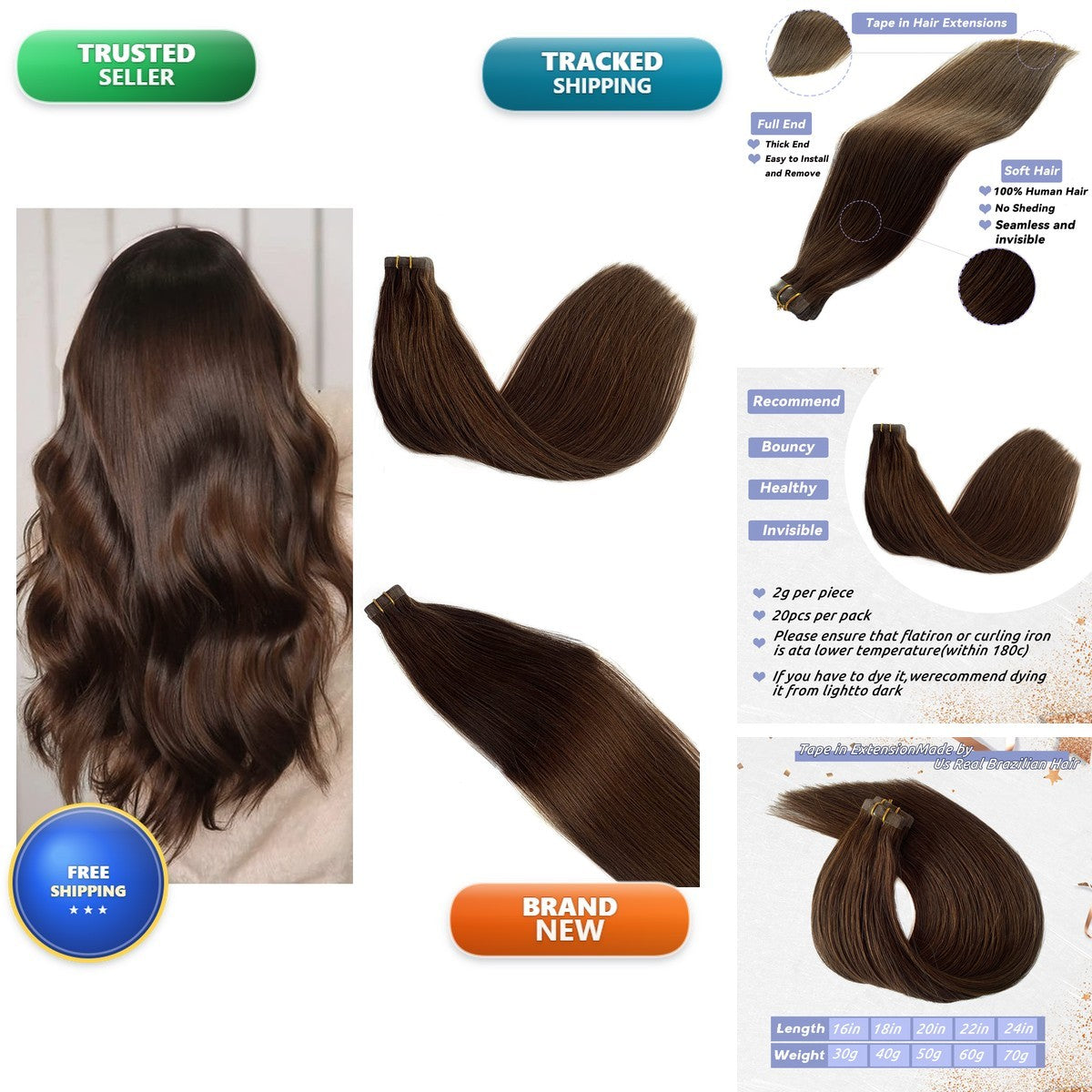 24-Inch Dark Brown Remy Tape-In Hair Extensions - 100% Human Hair, 70g