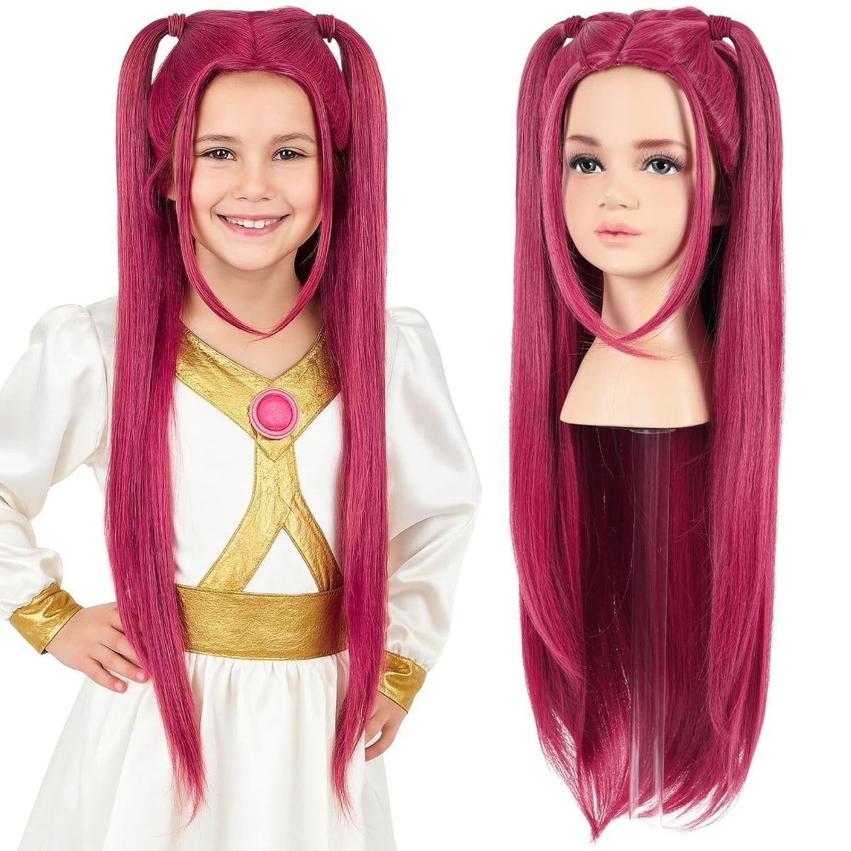 Kids Pink Long Wavy Wig with Ponytails for Halloween Cosplay