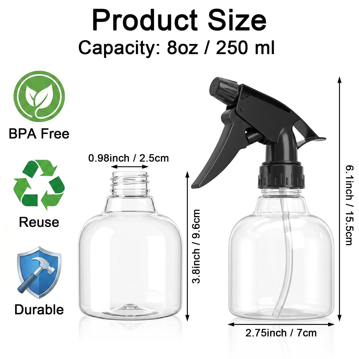 12 Pack 8 oz Empty Plastic Spray Bottles with Adjustable Trigger