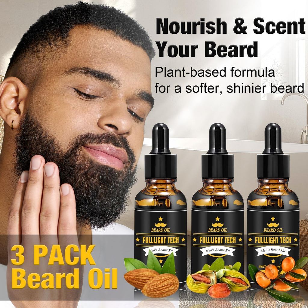 Men's Beard Care Kit with 3 Scented Oils, Grooming Gift Set for Dad & Husband