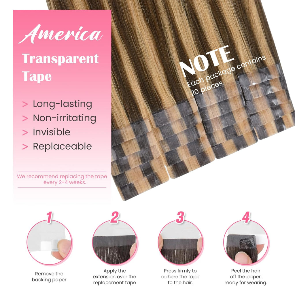 Highlight Chocolate Brown Caramel Blonde Tape-In Hair Extensions - Human Hair