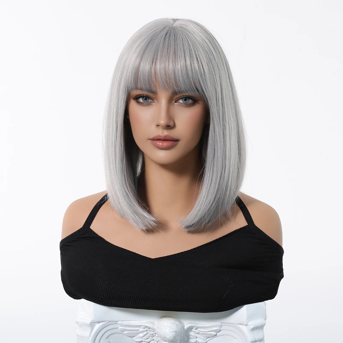 Grey Synthetic Halloween Costume Wig with Bangs - Bob Style