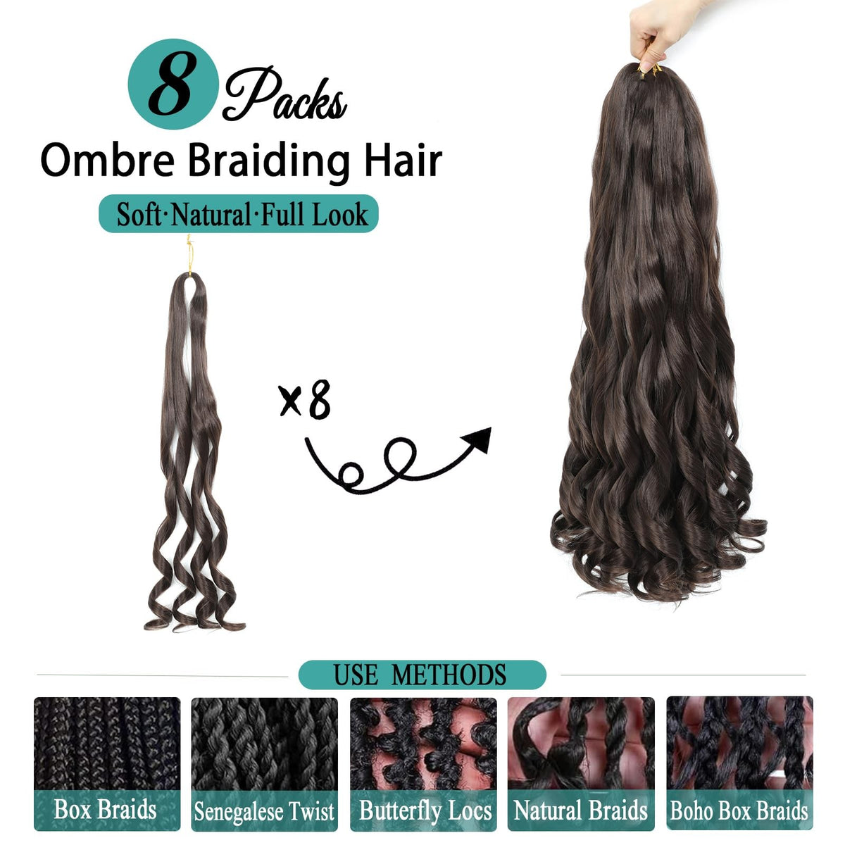 French Curl Braiding Hair Extensions 8 Packs - Synthetic Bouncy Curly Hair for Black Women