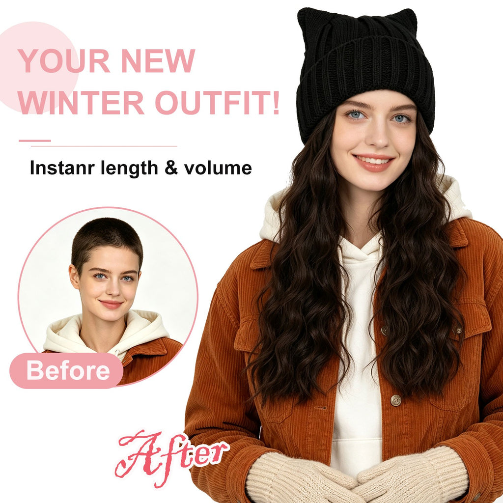 Women’s Winter Cat Ear Knit Hat Wig with Long Water Wave Synthetic Hair - All Colors