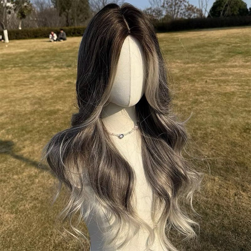 Lace Front 28-Inch Wig for Cosplay Halloween Party Dark Black Roots Gray White