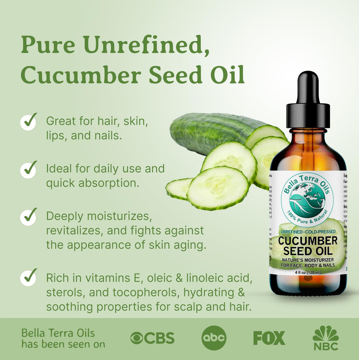 Cucumber Seed Oil - Natural Skin Moisturizer & Radiance Booster 8 oz