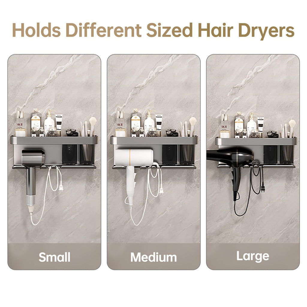 Wall Mount Hair Dryer Organizer with Storage Shelf - Matte Grey
