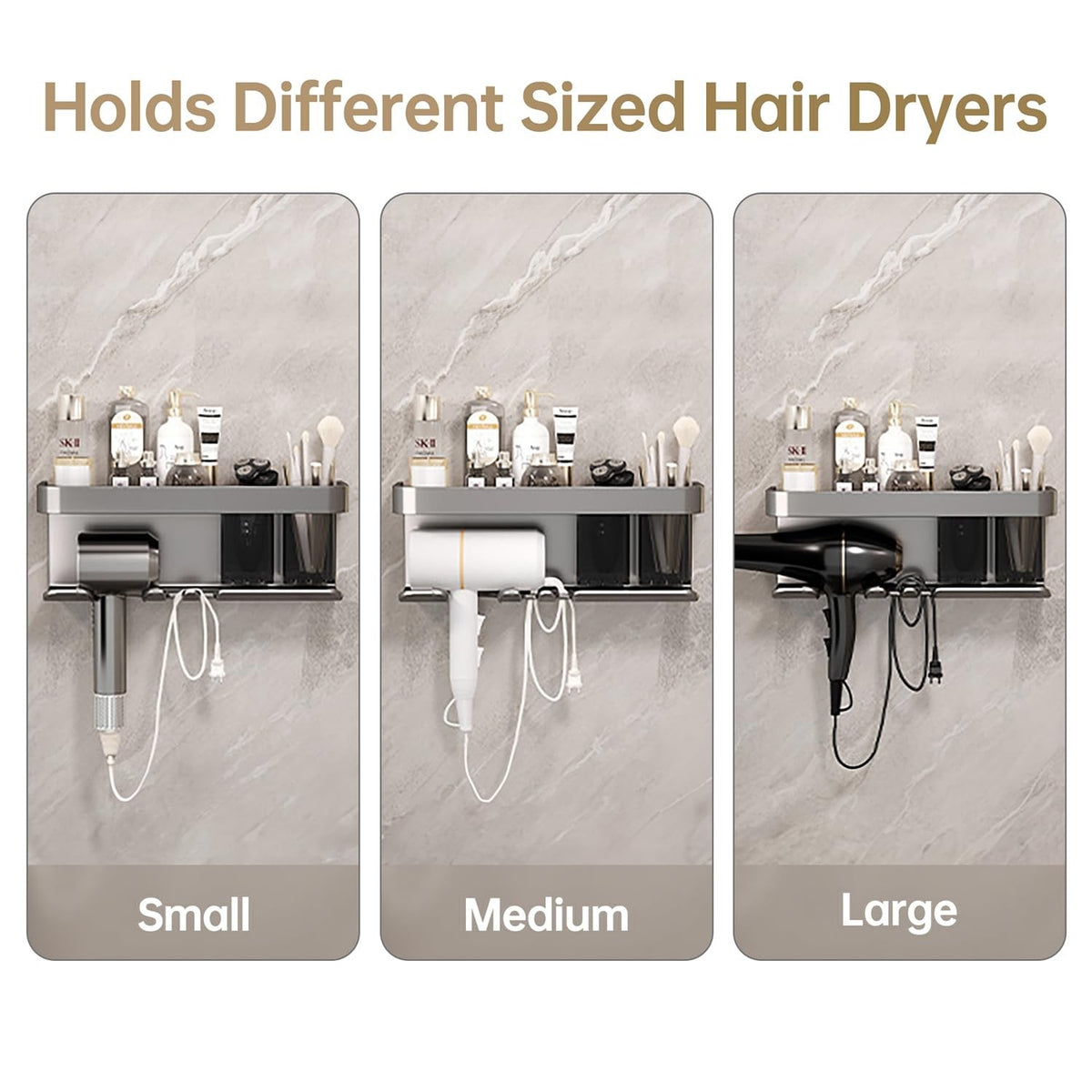 Wall Mount Hair Dryer Organizer with Storage Shelf - Matte Grey