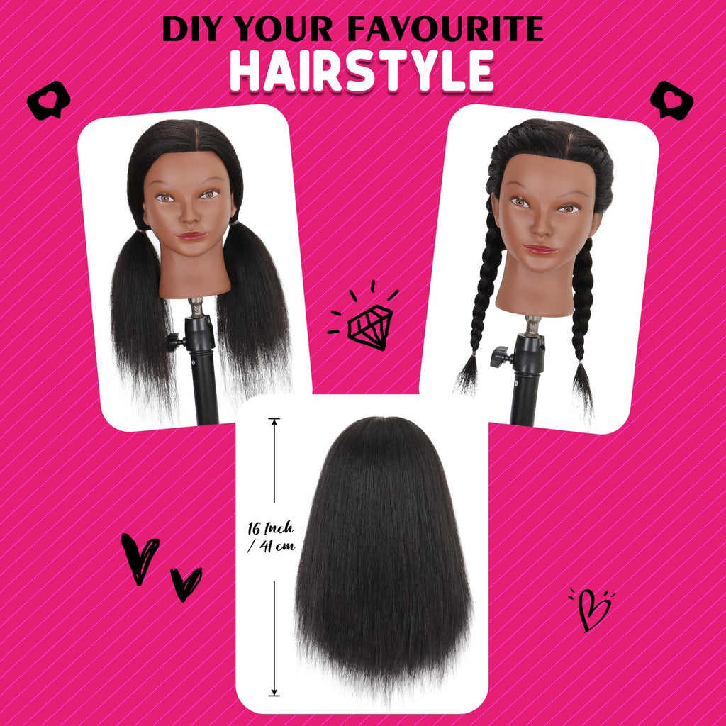 Mannequin Head with Human Hair 16 Inch Tripod Set for Hair Styling & Education