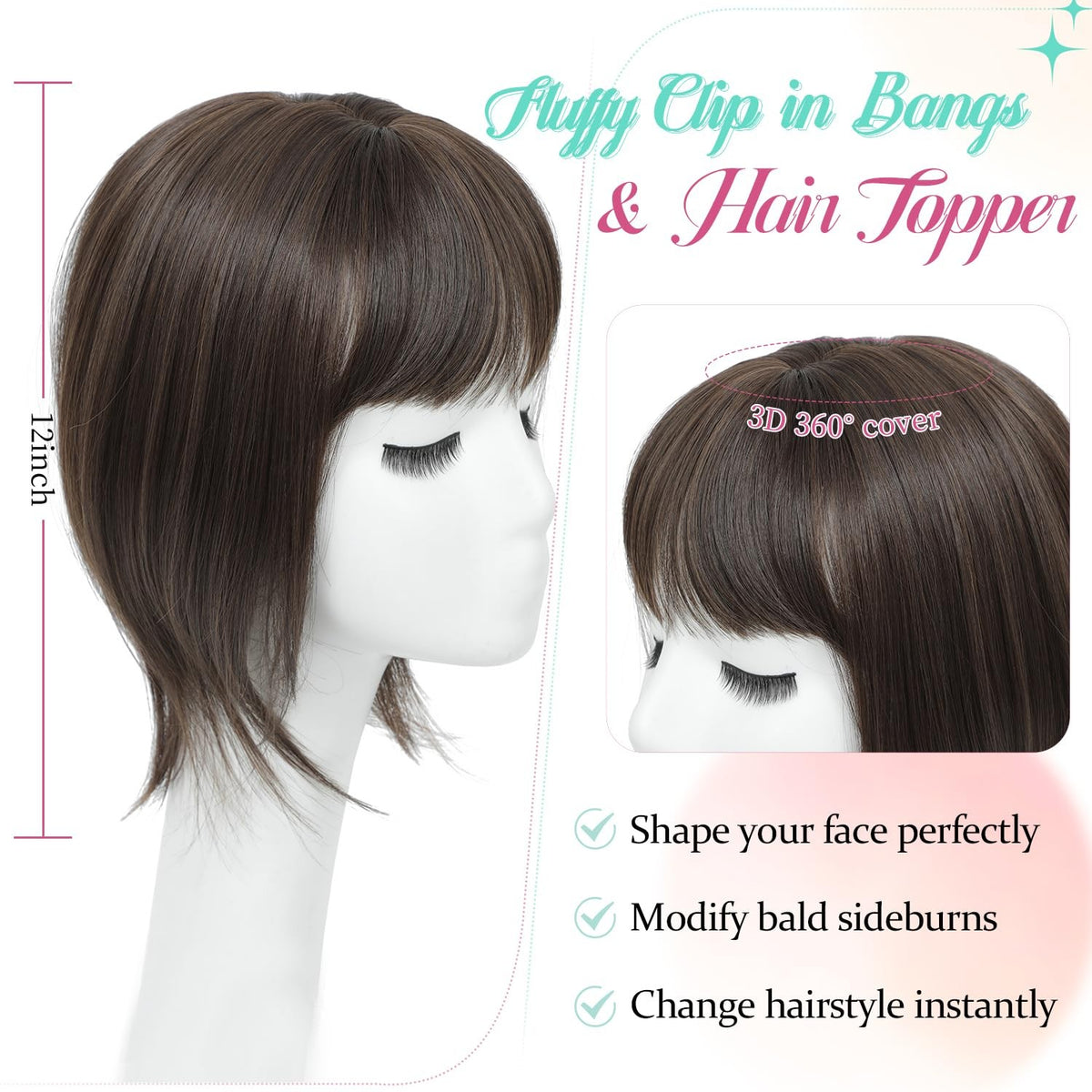 12-Inch Synthetic Clip-In Bangs Hair Topper - 360 Full Coverage, Straight