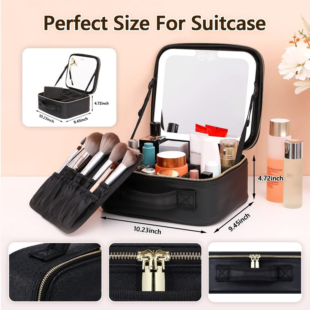 Travel Makeup Bag with LED Lighted Mirror and Adjustable Compartments