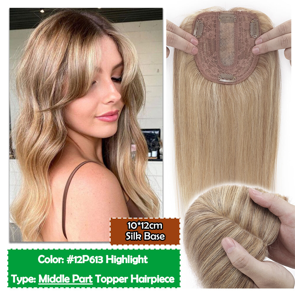 Human Hair Topper with Bangs Clip-In Remy Hairpiece for Thinning Hair