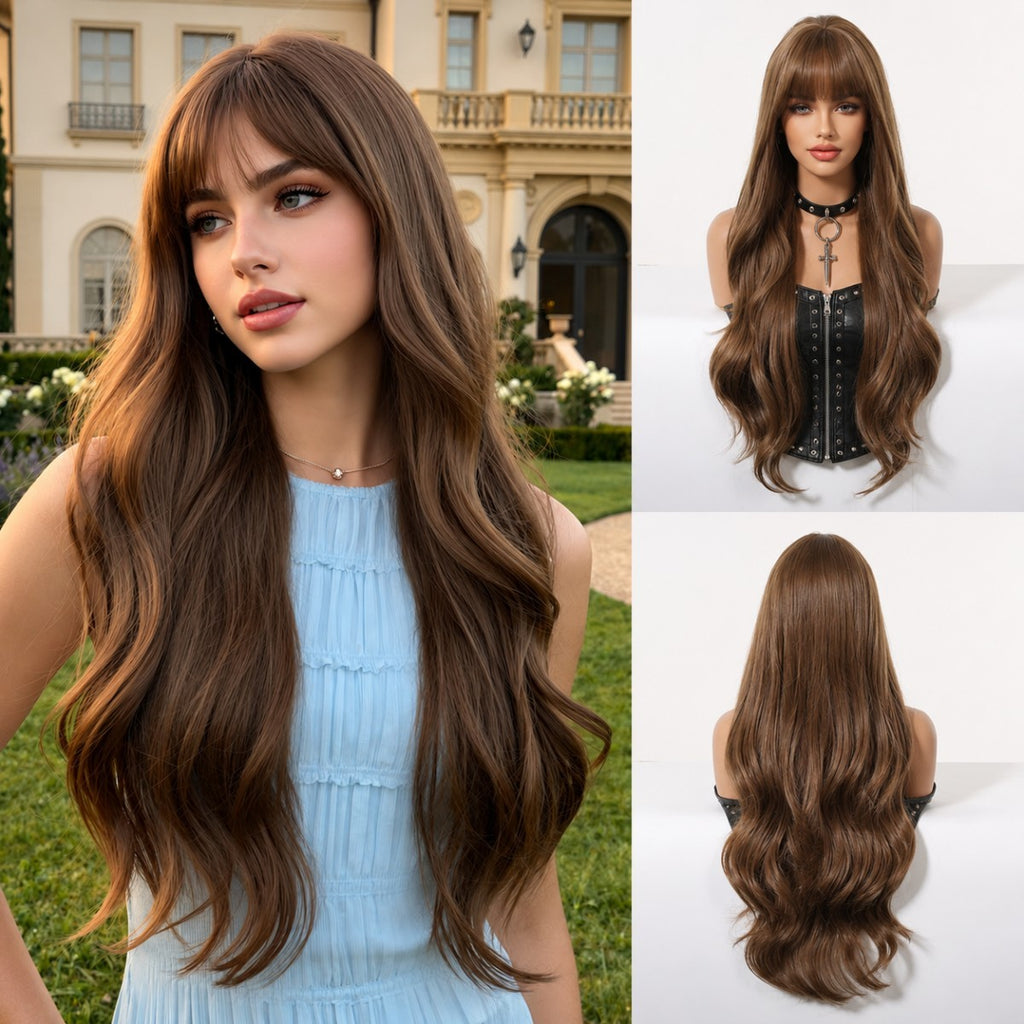 Long Wavy Cosplay Wig with Bangs Synthetic Hair for Women Brown