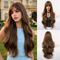 Long Wavy Cosplay Wig with Bangs Synthetic Hair for Women Brown