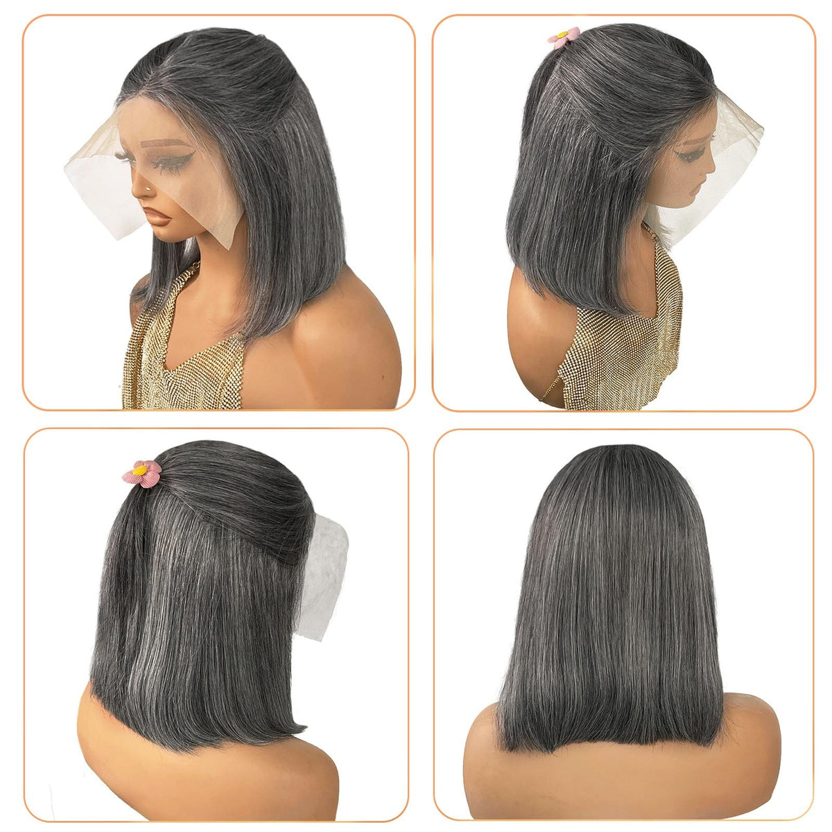 Ombre Grey Bob Wig 13x4 HD Lace Front Human Hair 180% Density Salt & Pepper