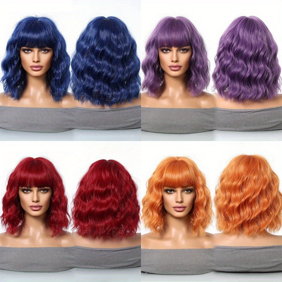 14in Colorful Short Wavy Bob Wig with Bangs Synthetic Hair for Cosplay & Fashion