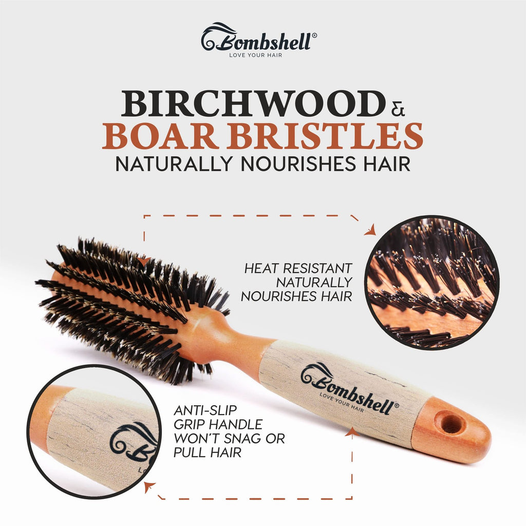 2.25 Inch Birch Wood Round Hair Brush with Boar & Nylon Bristles - Styling & Blow Drying