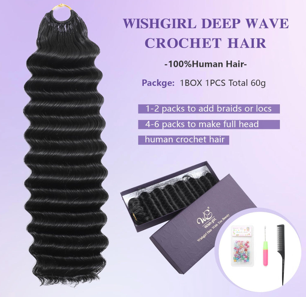 Deep Wave Human Crochet Hair Bundle 20 Inch 60g Black Feather Extensions