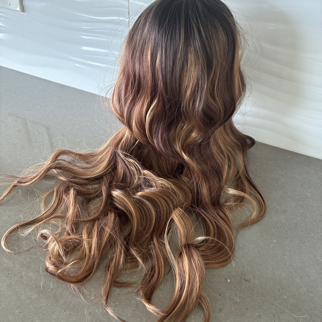 28-Inch Curly Synthetic Wig with Bangs Natural Black Highlights - Fast Shipping