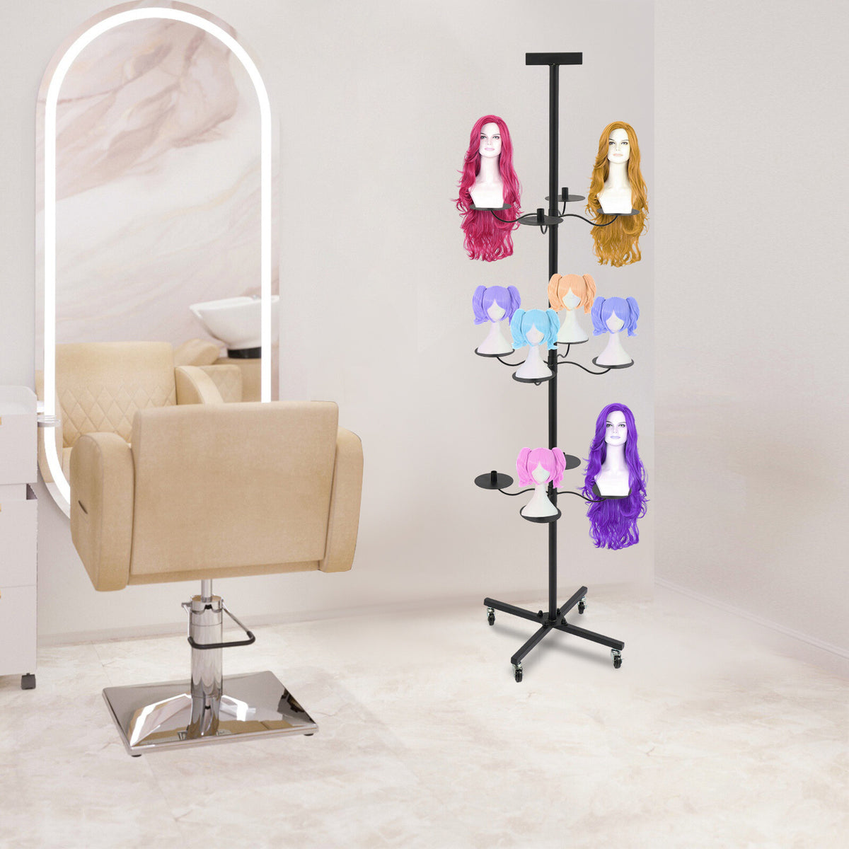 12-Wig Capacity Display & Storage Rack with 360° Rotating Tiers - Black