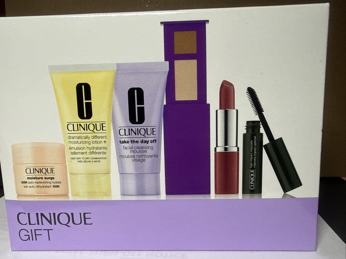 Clinique 6-Piece Makeup & Skincare Gift Set with Cleansing Mousse, Mascara, Eyeshadow, Lipstick, Lotion, Hydrator