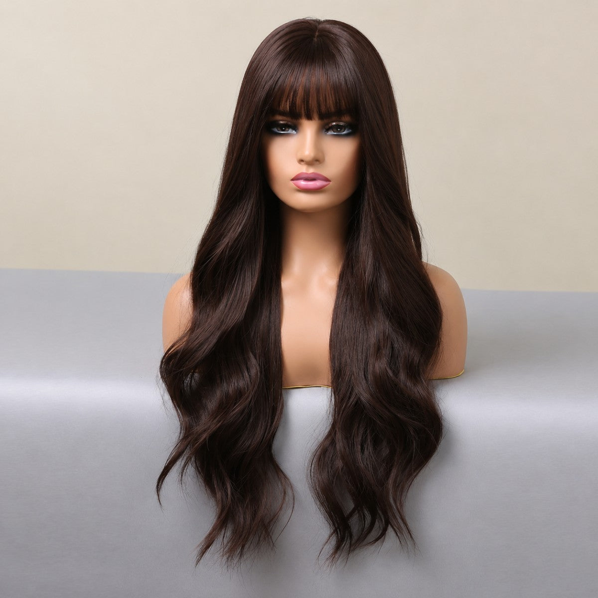 Dark Brown Long Wavy Heat-Resistant Synthetic Cosplay Wig with Bangs