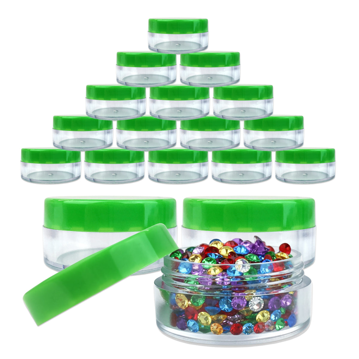 20pcs 10G Cosmetic Sample Jars with Green Lids - Clear Plastic Reusable Containers