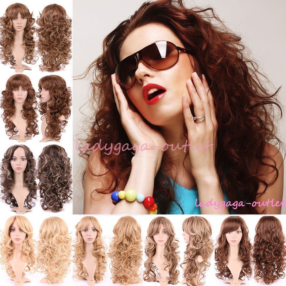 Women Long Curly Wavy Synthetic Wig with Bangs for Party & Costume