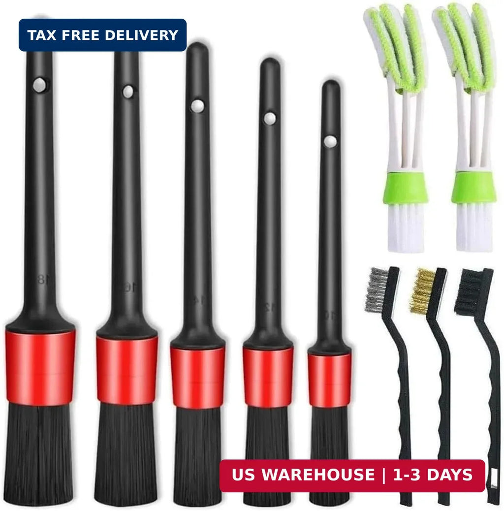 Auto Detailing Brush Set with Boar Hair & Steel Wire - 11 Pieces