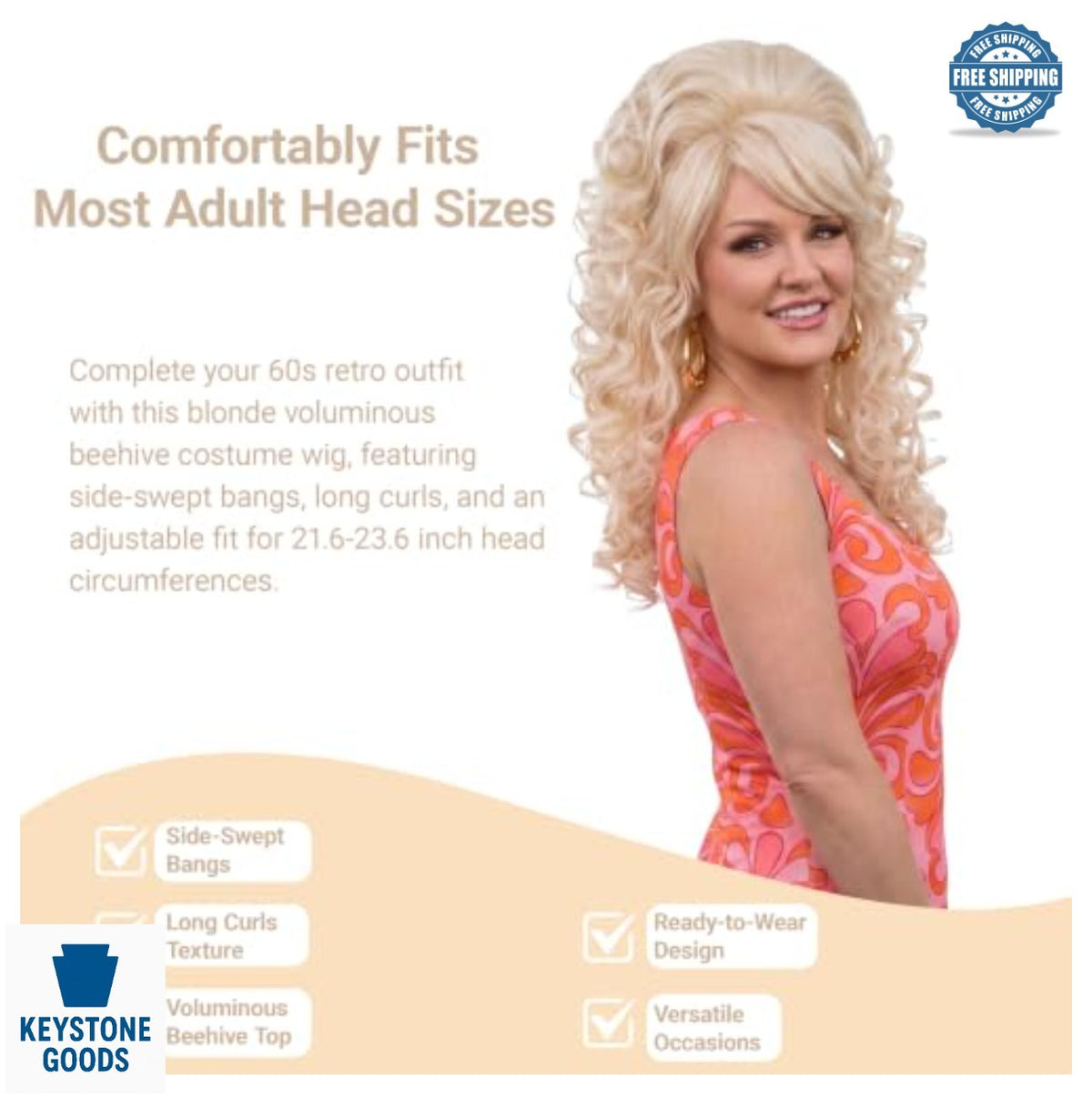 Long Curly Blonde Beehive Wig with Bangs for 60s 80s Costumes Halloween