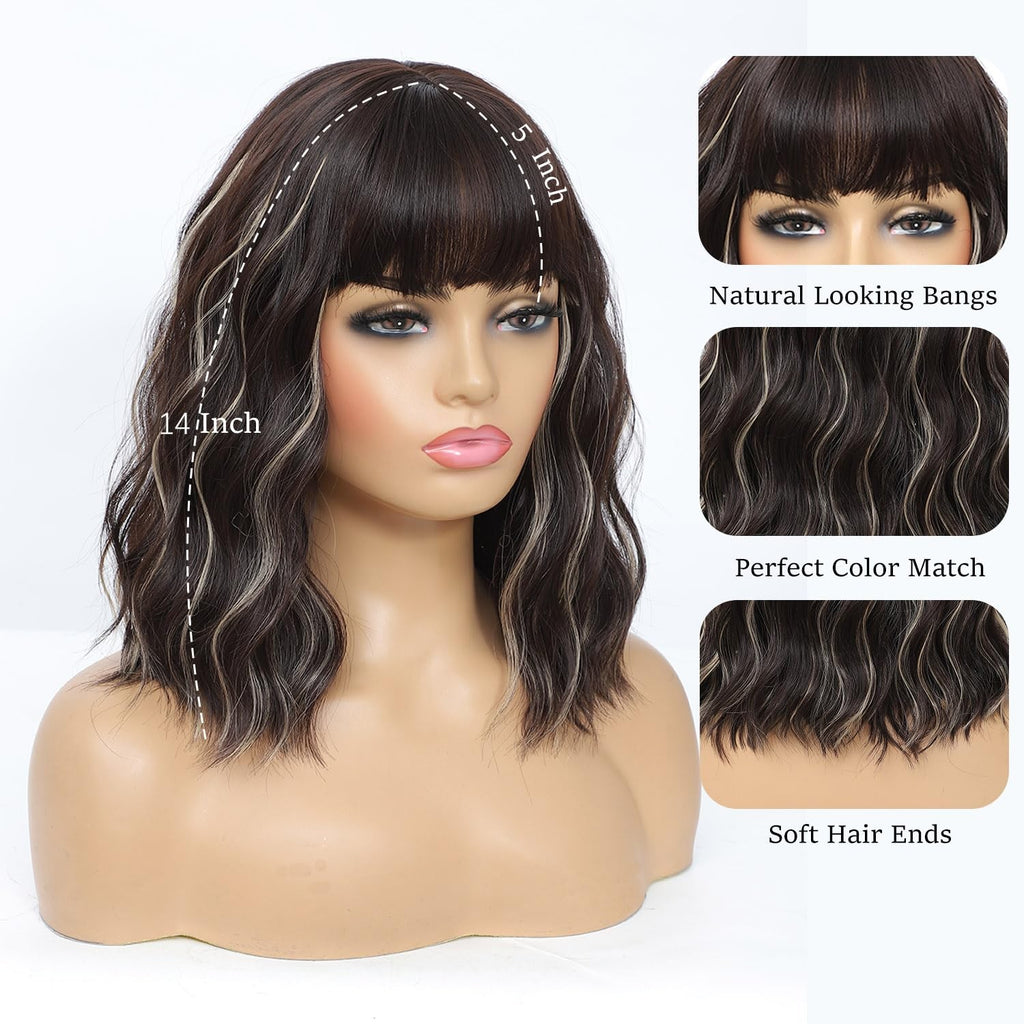 Blonde Highlight Bob Wig with Bangs for Women - Short Curly Wavy Synthetic Hair