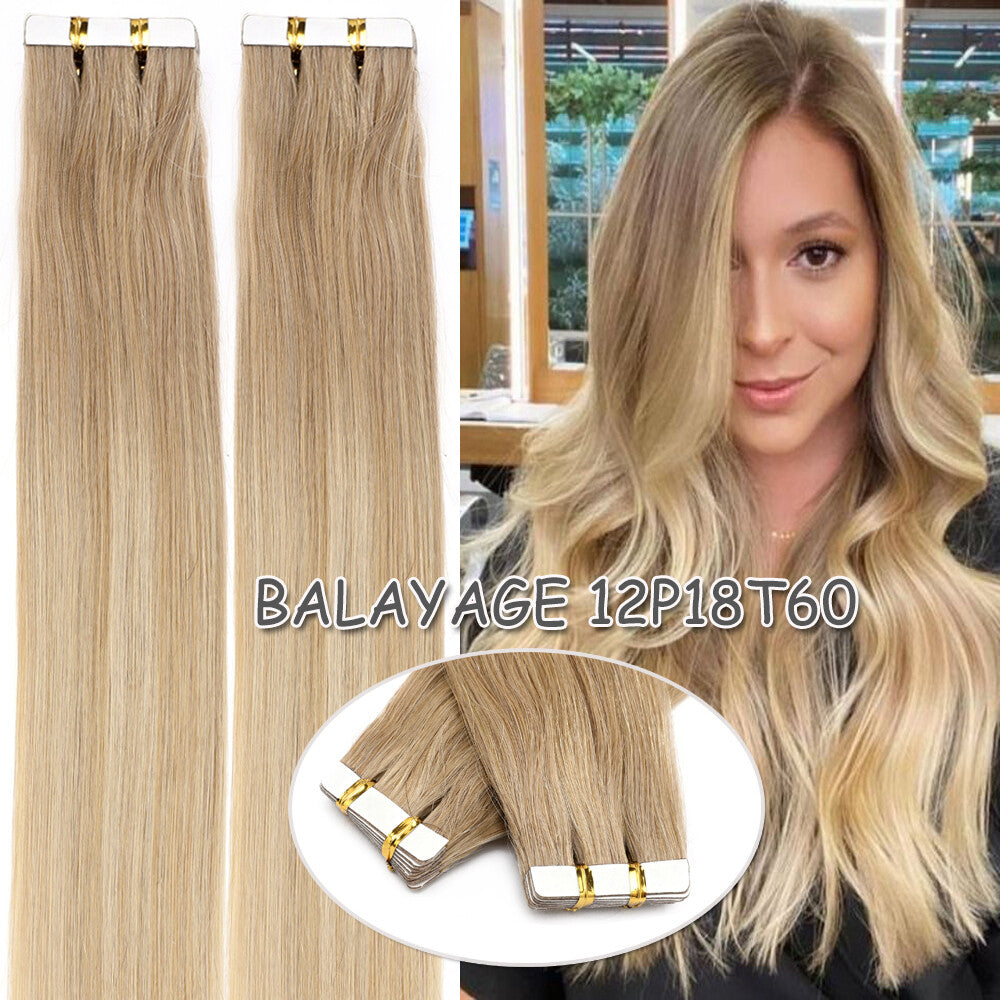 60PCS Tape-In Human Hair Extensions Skin Weft Straight 150g - Thick & Natural