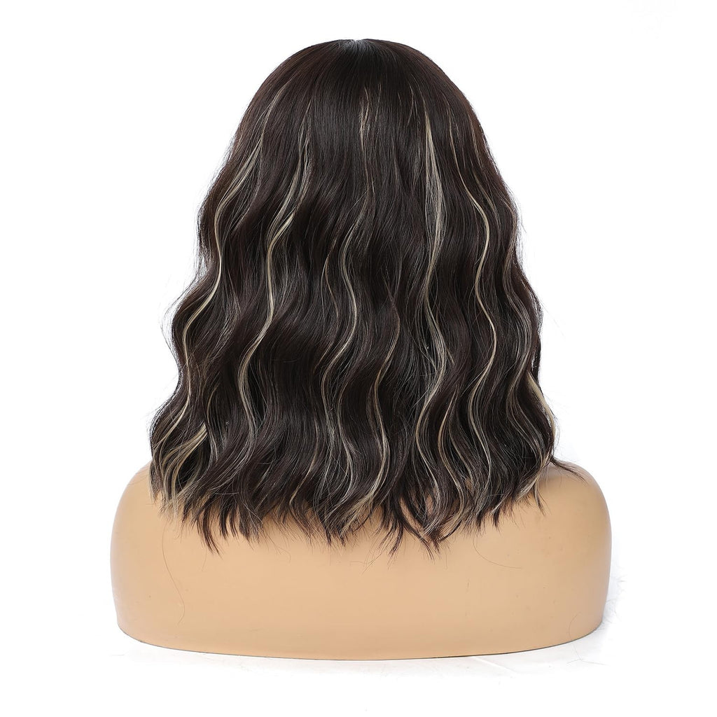 Blonde Highlight Bob Wig with Bangs for Women - Short Curly Wavy Synthetic Hair
