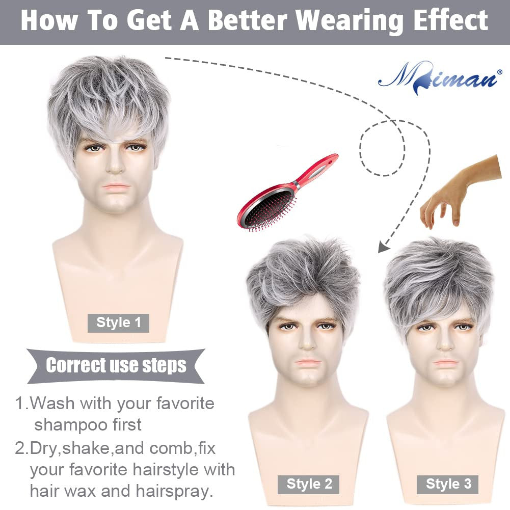 Men's Short Gray Synthetic Wig for Natural Look & Cosplay