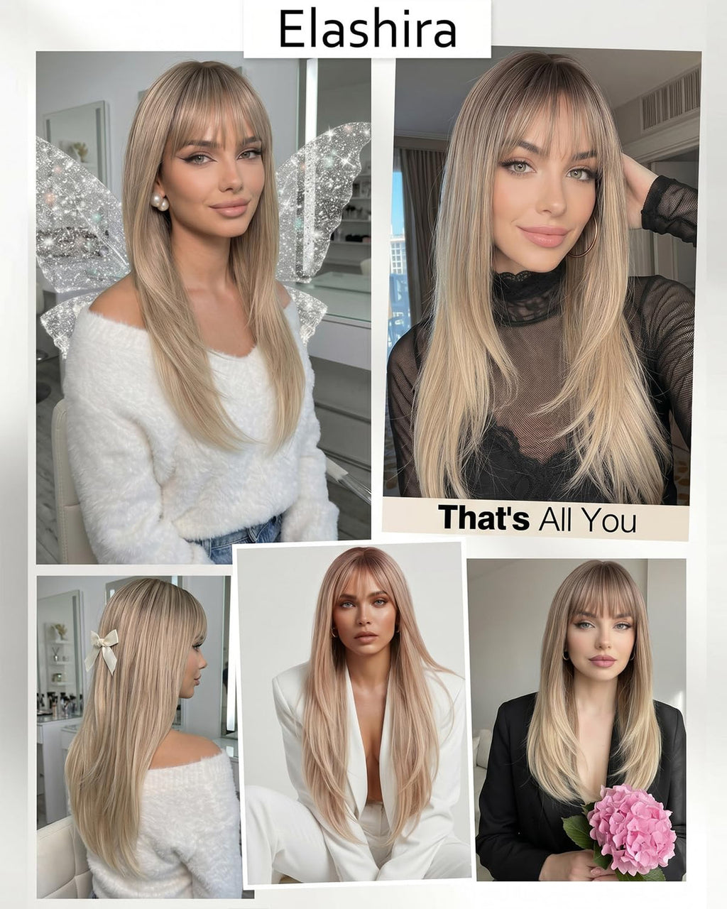 26-Inch Ombre Blonde Synthetic Wig with Bangs for Women - Heat-Resistant, Straight Hair Extension