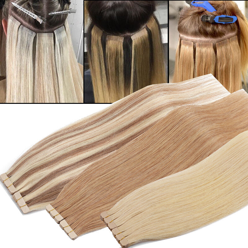 Human Hair Tape-In Extensions - Thick 150g Ombre & Natural Colors, Multiple Lengths