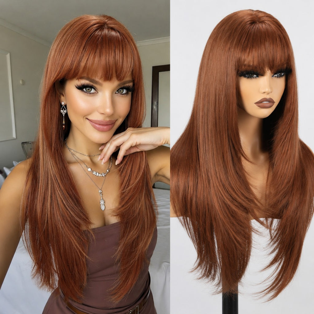 Copper Red Synthetic Long Straight Wig with Bangs for Cosplay & Parties