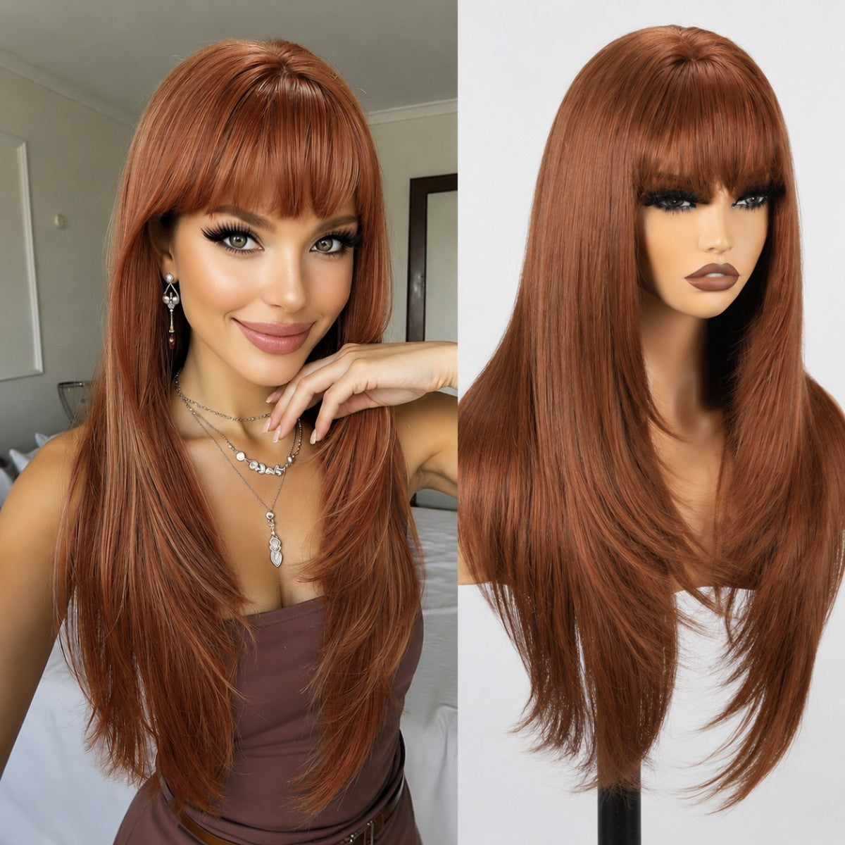 Copper Red Synthetic Long Straight Wig with Bangs for Cosplay & Parties
