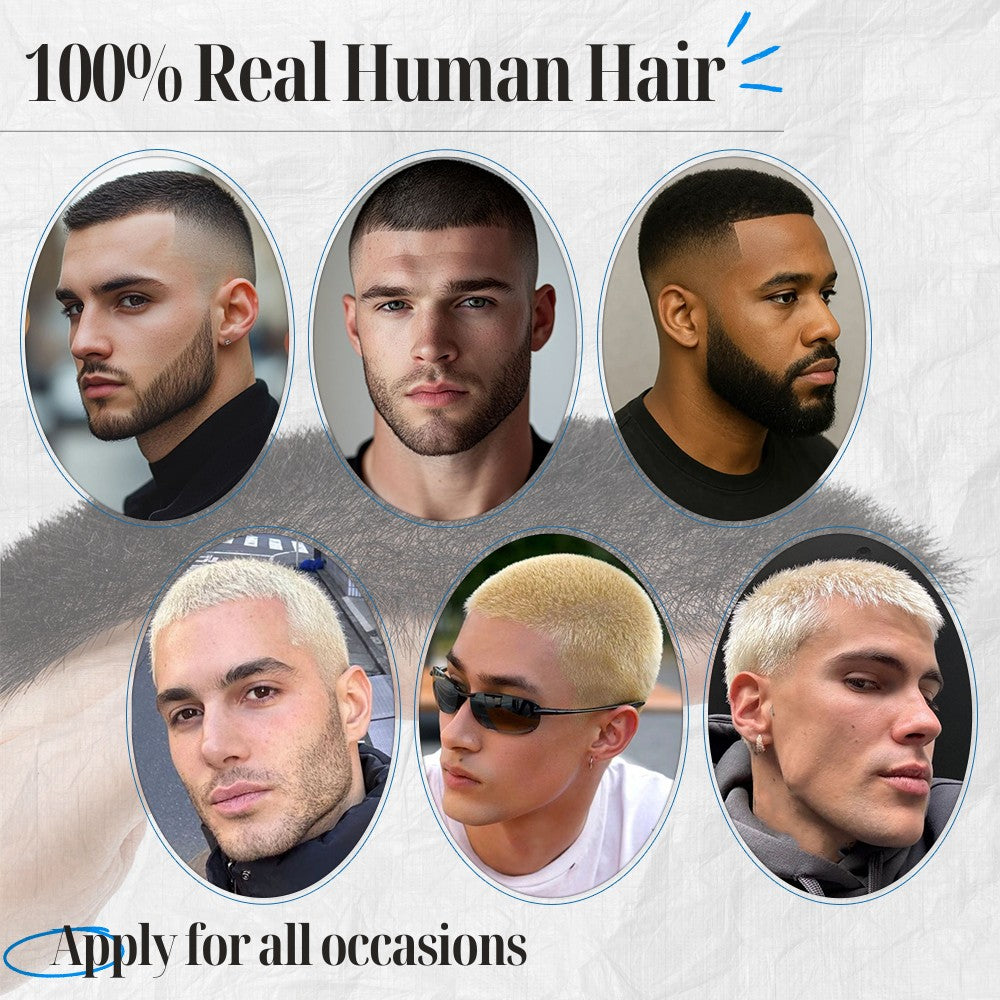 Men's Short Buzz Cut Toupee with Thin PU Skin Base - 100% Human Hair System