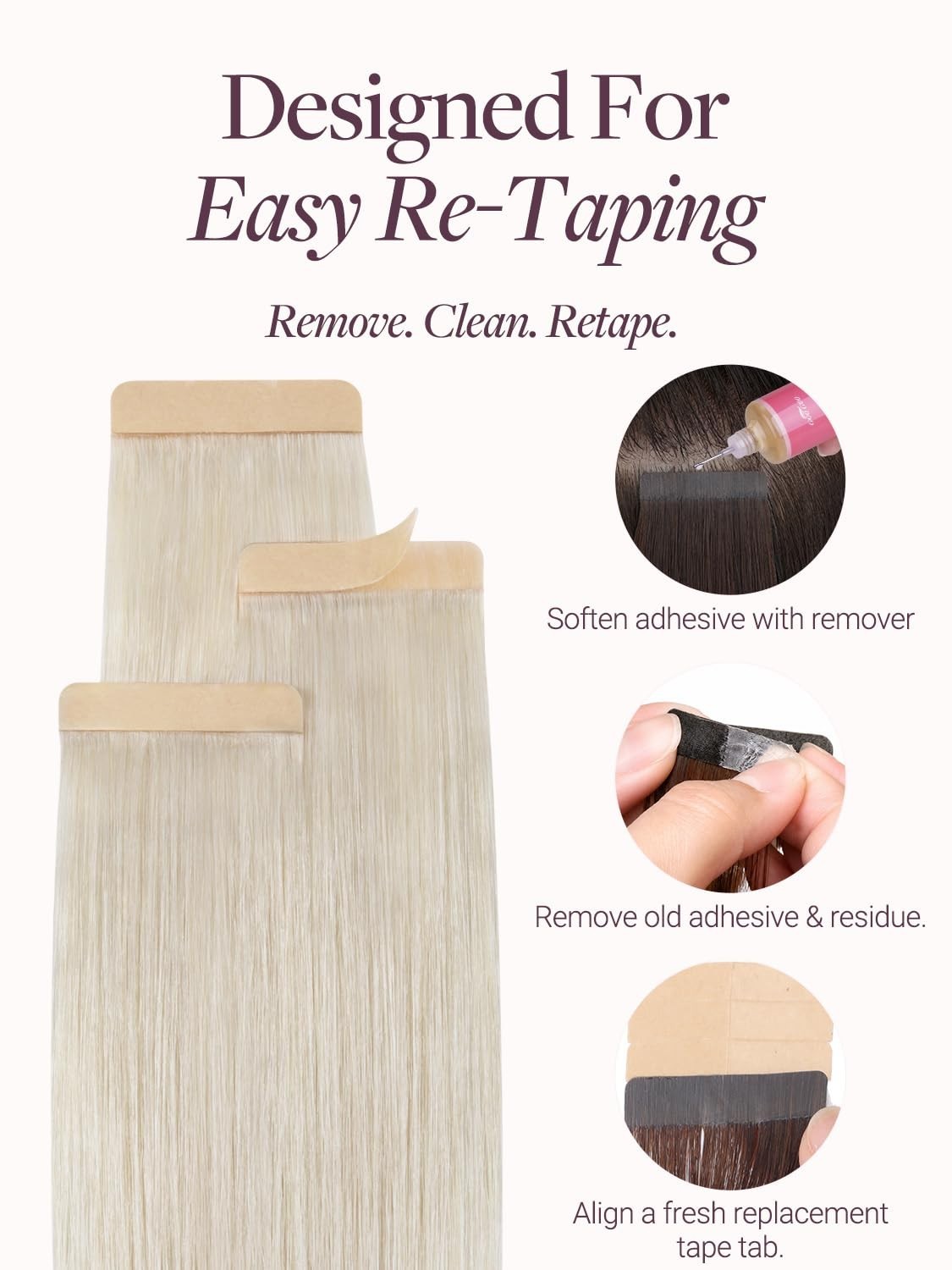 Invisible Tape-In Hair Extensions 18-Inch Platinum Blonde Remy Hair 20 Pieces