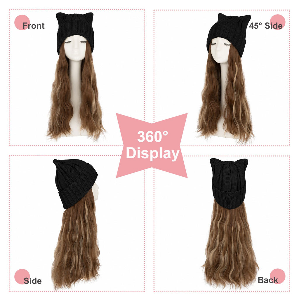 Women’s Winter Cat Ear Knit Hat Wig with Long Water Wave Synthetic Hair - All Colors