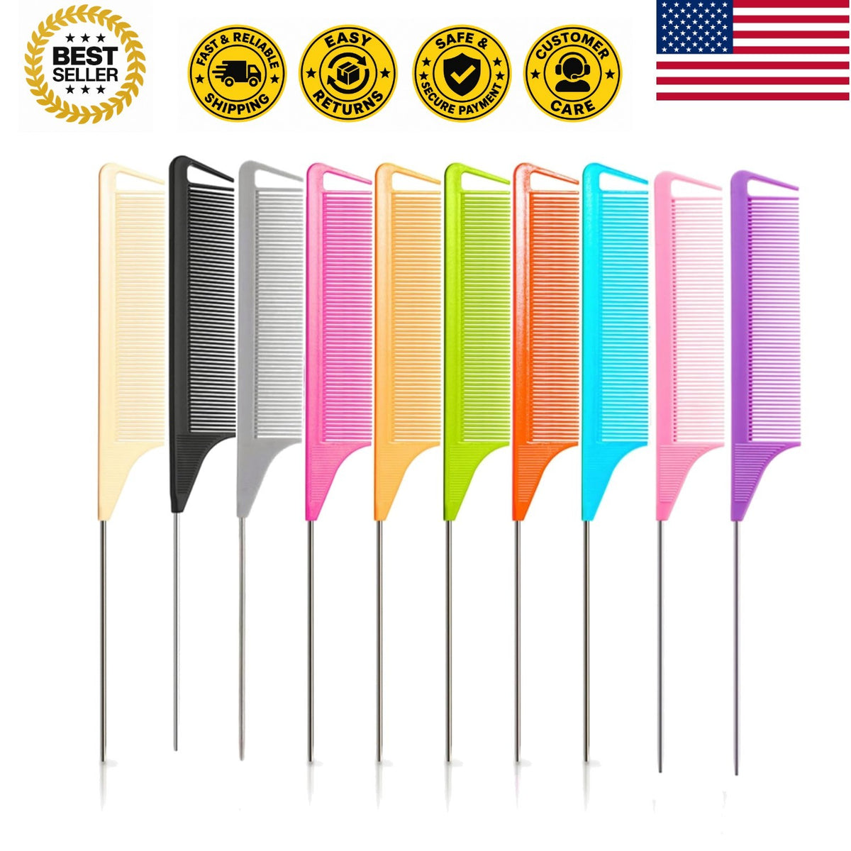 10-Pack Metal Fine Tooth Hair Combs Set for Professional Styling & Braiding