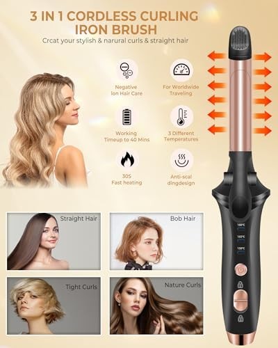 Rechargeable Cordless Travel Curling Iron with 3 Temperature Settings - Mini Hair Curler