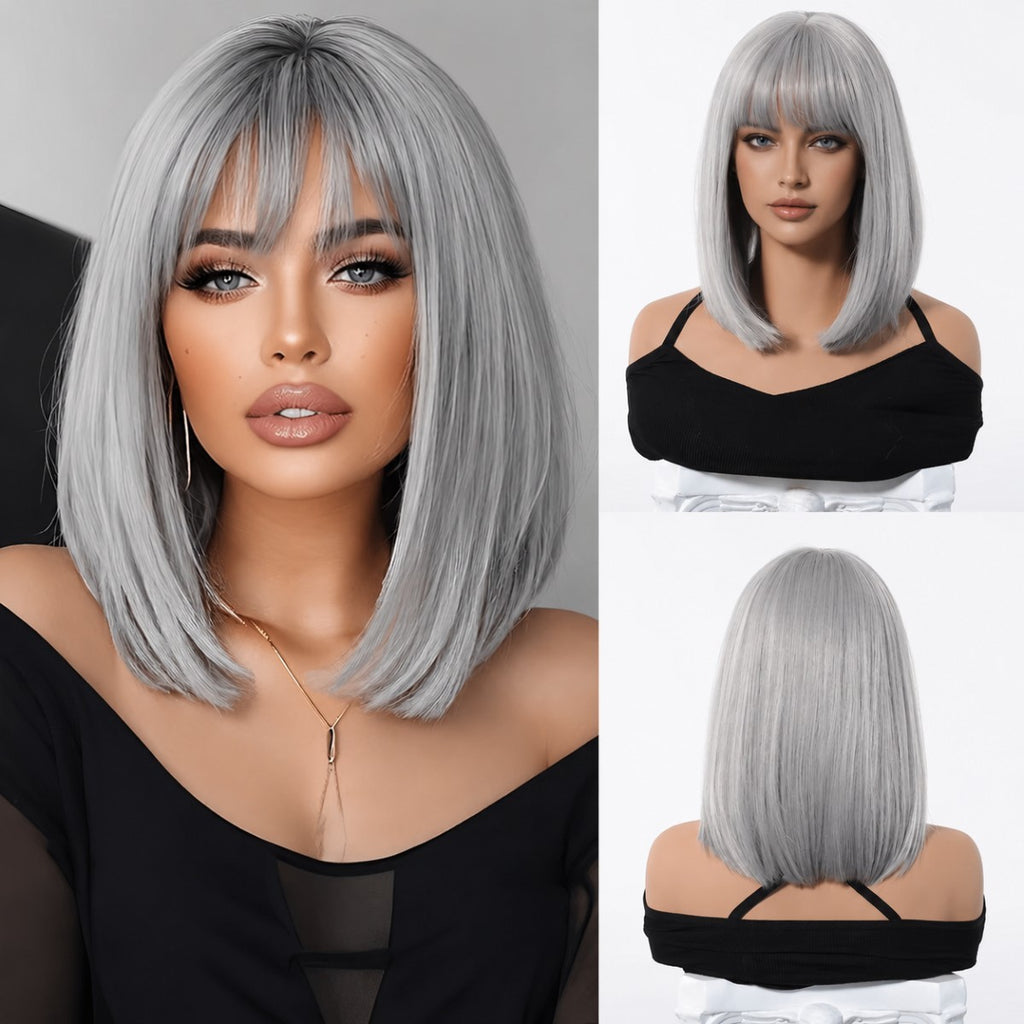 Grey Synthetic Halloween Costume Wig with Bangs - Bob Style