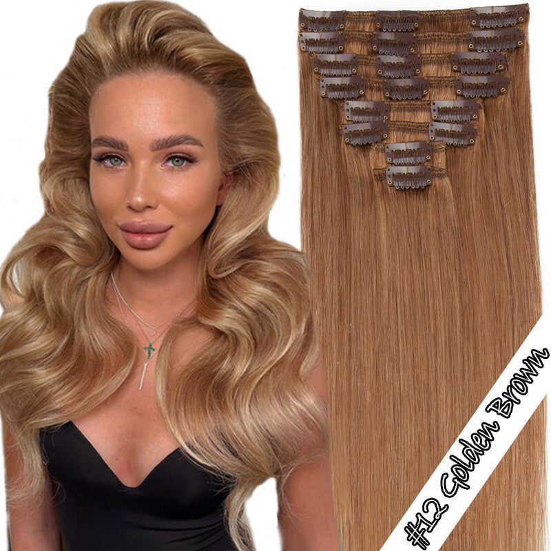 100% Human Hair Extensions Clip-In Full Head Set - Multiple Colors & Lengths