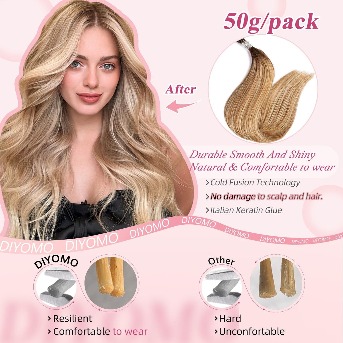 Human Hair I Tip Extensions Mocha Brown to Rose Gold 20 Inch 50g