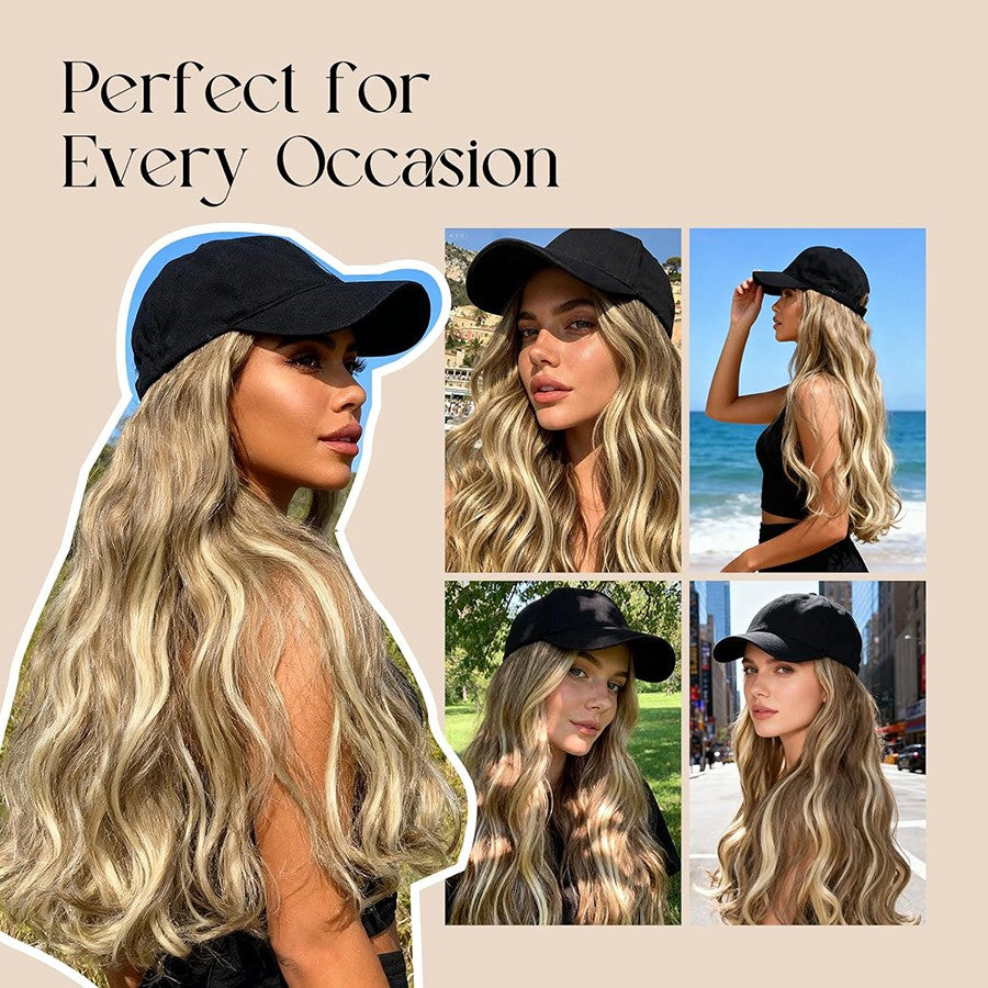 16-Inch Long Curly Cap Wig with Adjustable Baseball Hat and Attached Hair